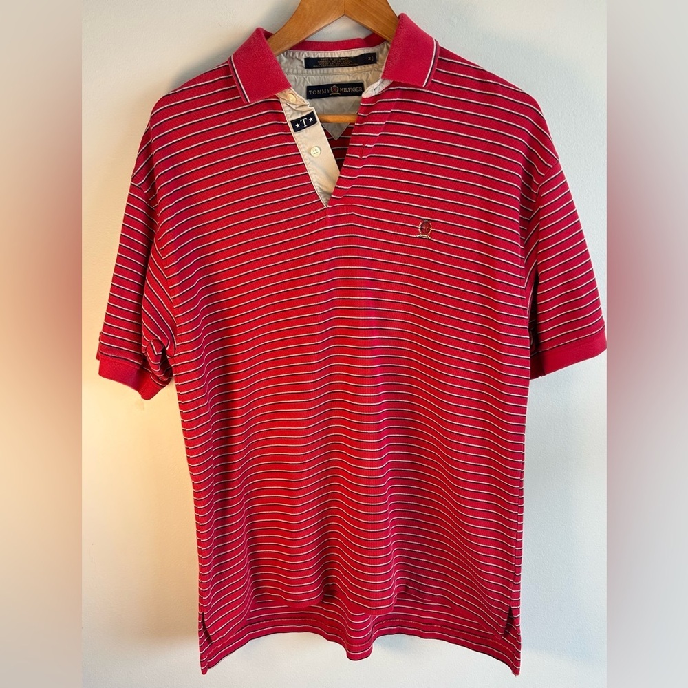 Vintage Tommy Hilfiger Mens Polo Shirt Sz M Golf Cotton Red White Blue Striped